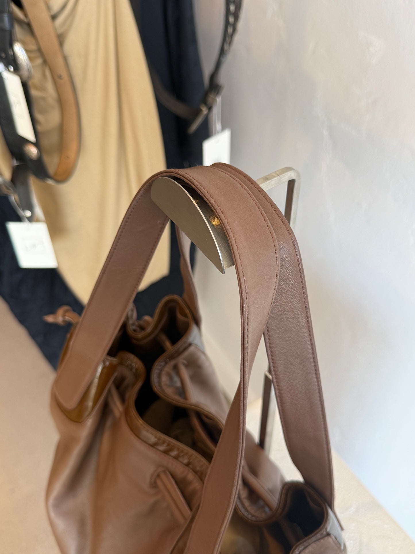 Loewe Taupe Leather Drawstring Tote Bag with Patent Trim