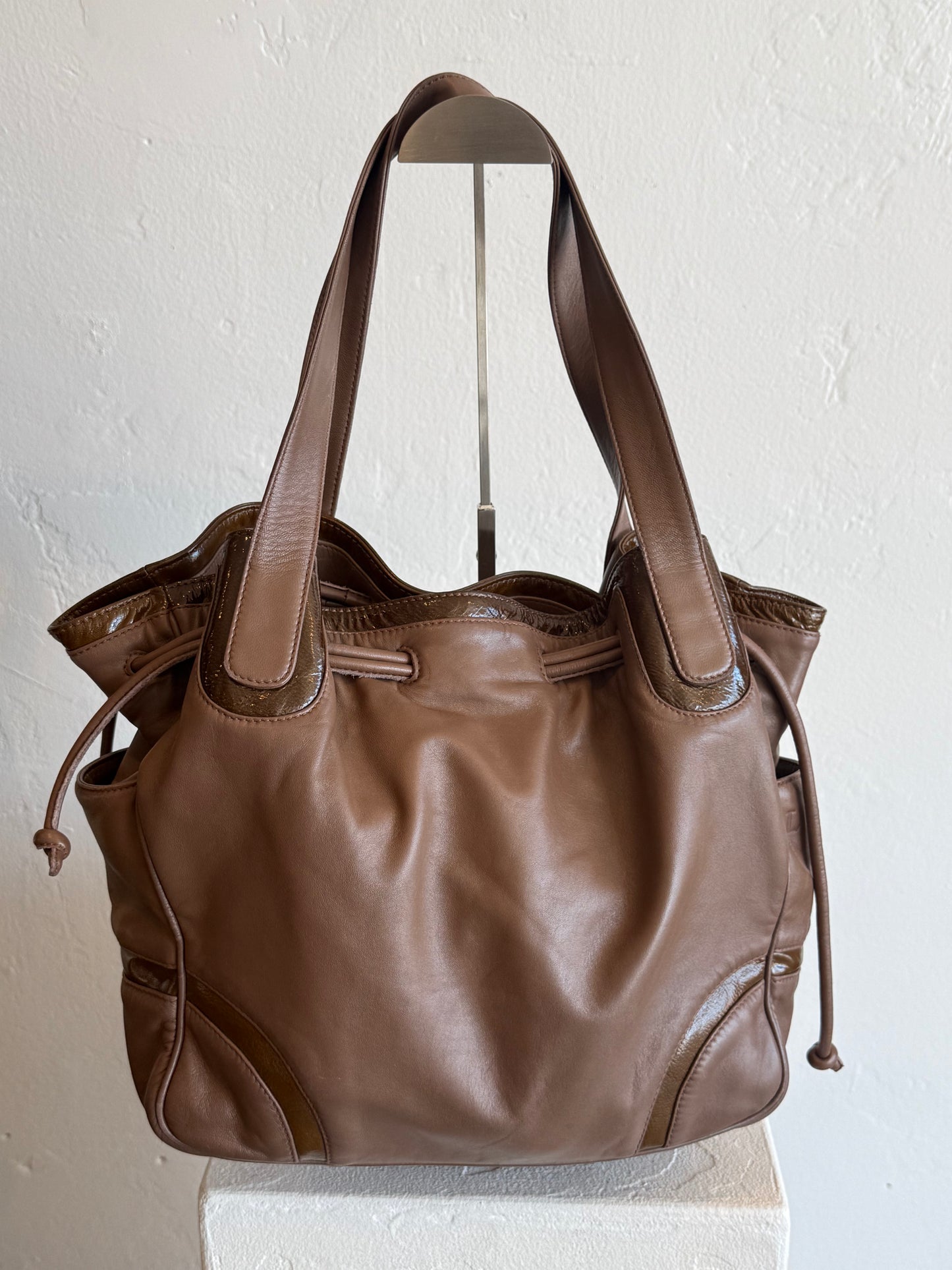 Loewe Taupe Leather Drawstring Tote Bag with Patent Trim