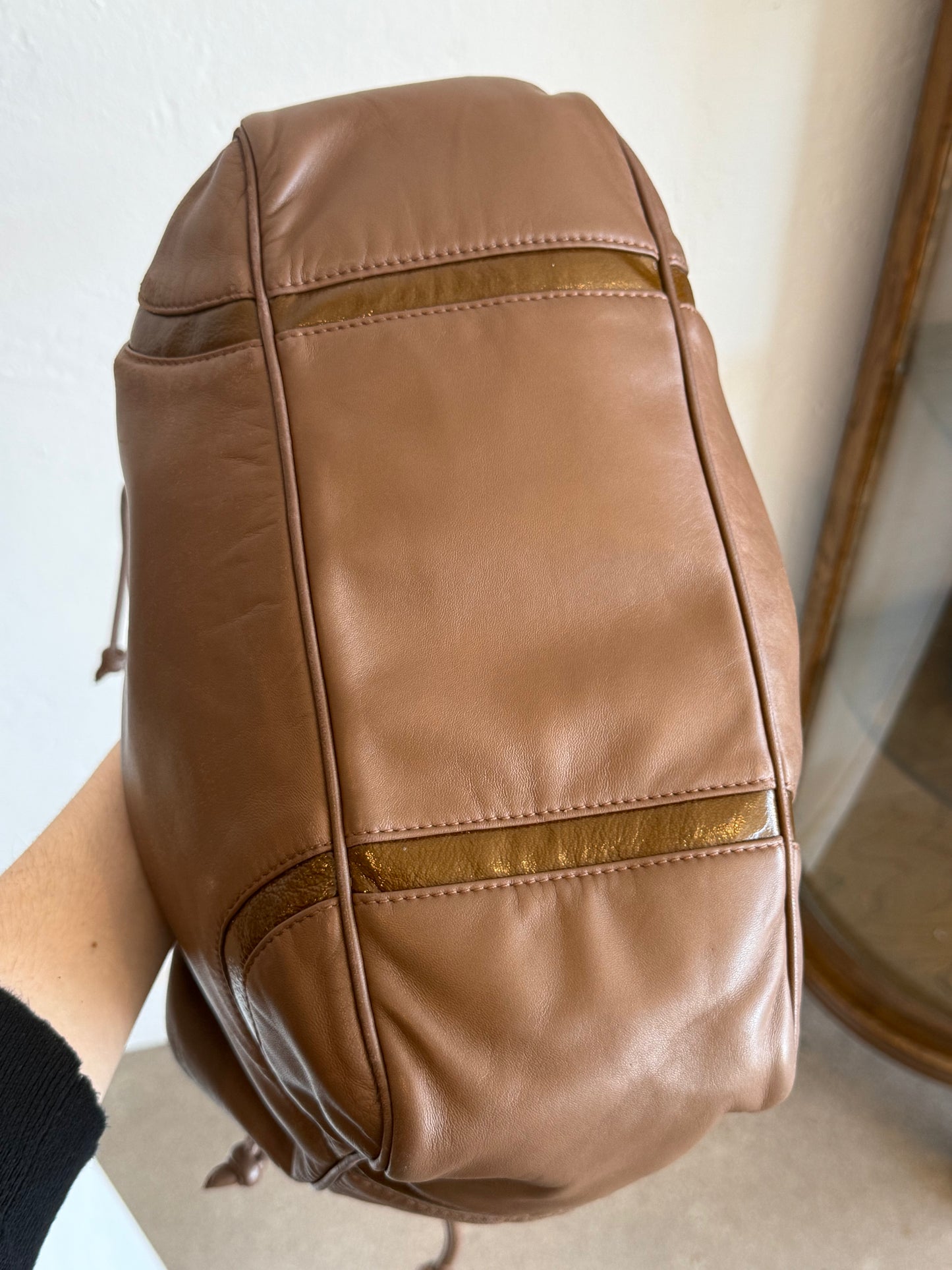 Loewe Taupe Leather Drawstring Tote Bag with Patent Trim