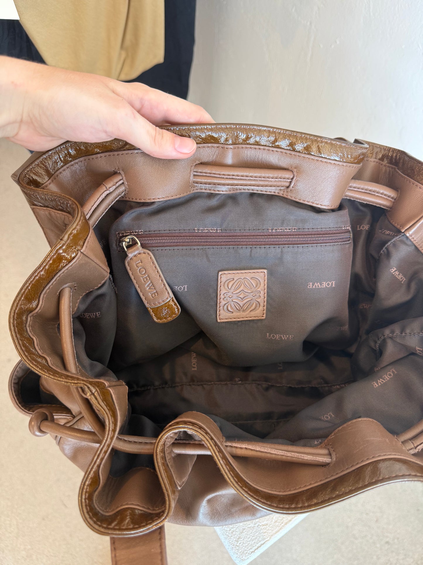Loewe Taupe Leather Drawstring Tote Bag with Patent Trim