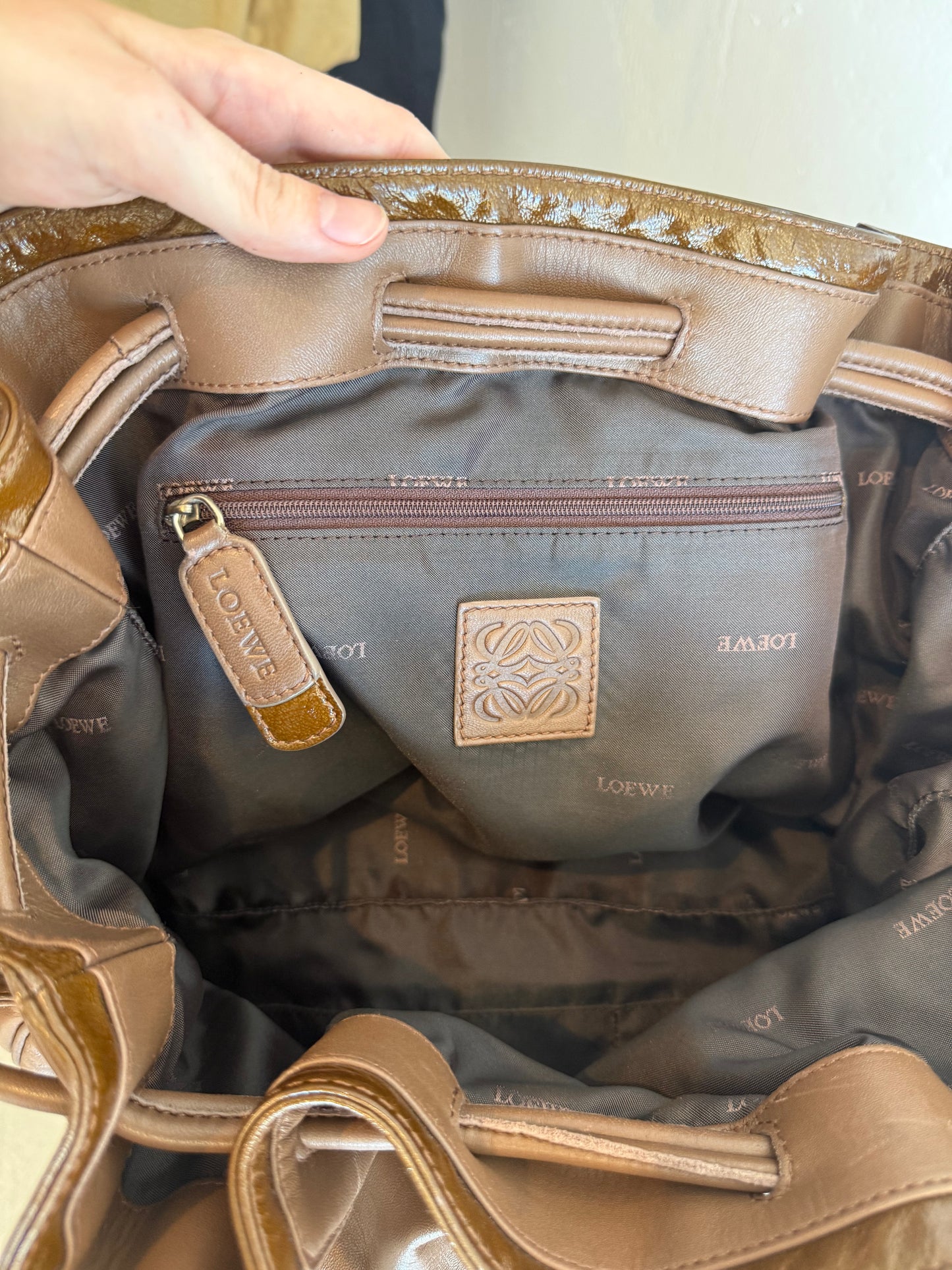 Loewe Taupe Leather Drawstring Tote Bag with Patent Trim