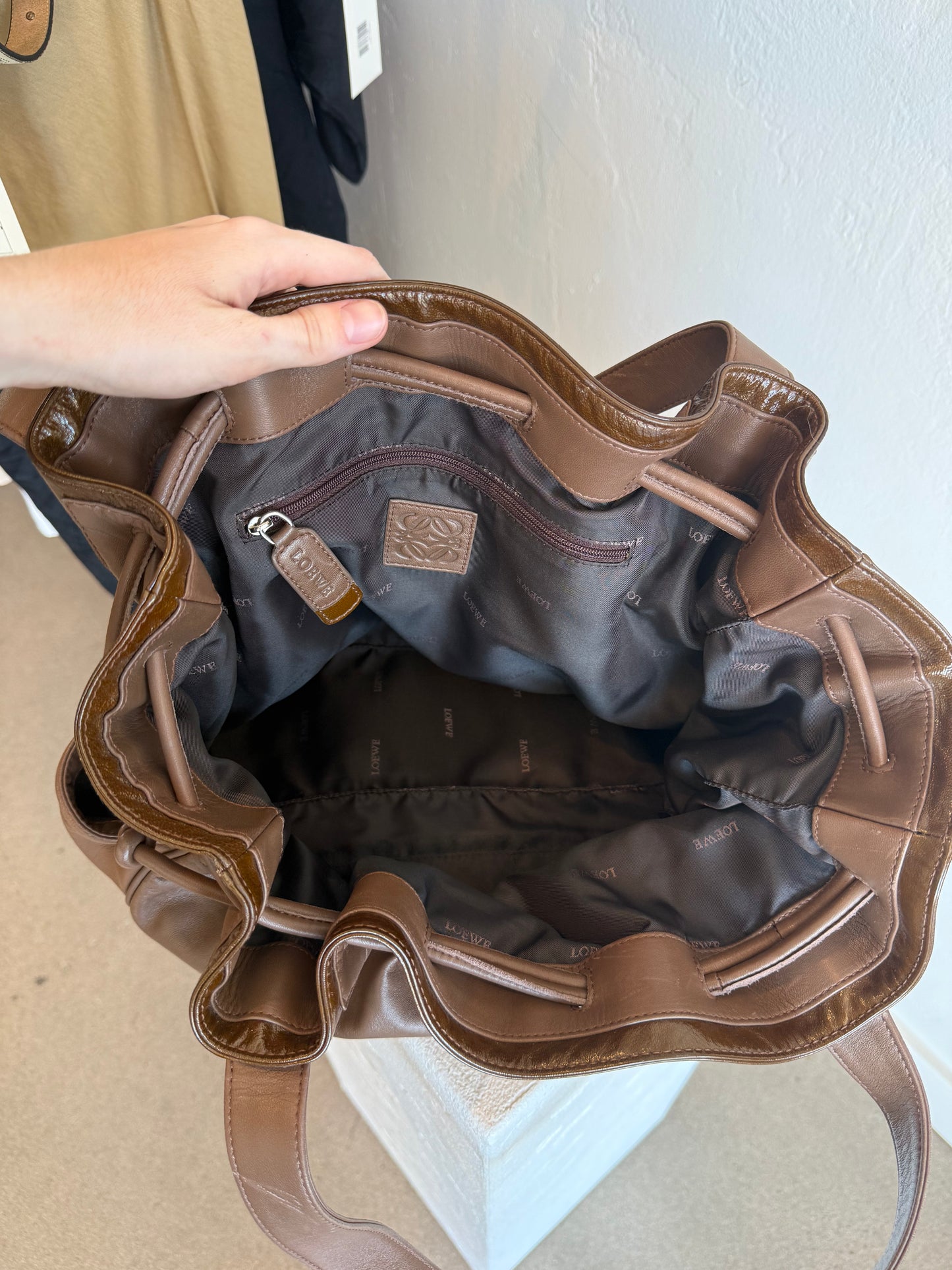 Loewe Taupe Leather Drawstring Tote Bag with Patent Trim